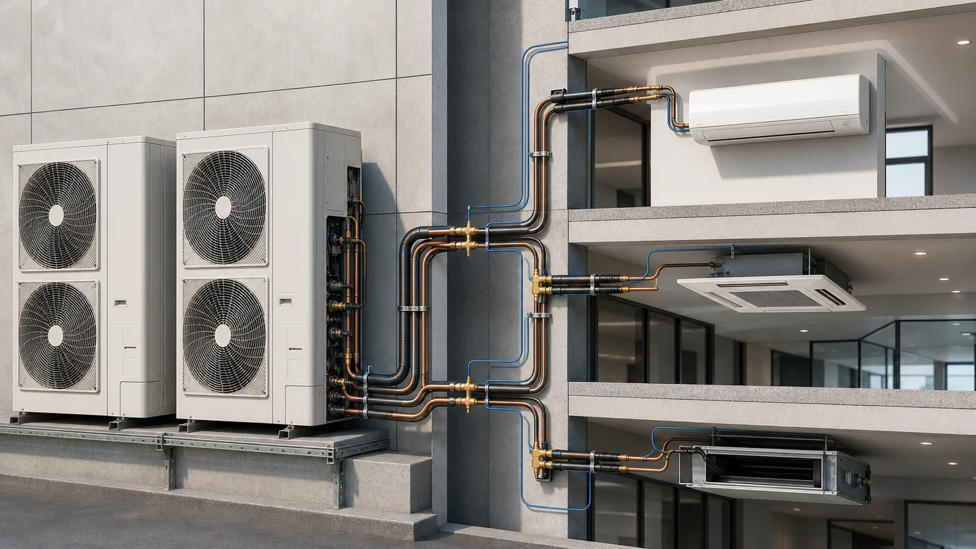 وحدات VRF خارجية معيارية متصلة عبر شبكة مواسير وفروع بوحدات داخلية جدارية وكاسيت ودكت مخفي